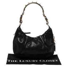 Pre Owned Prada Black Pleated Leather and Lizard Hobo