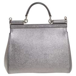 Pre Owned Dolce & Gabbana Metallic Silver Leather Medium Miss Sicily Top Handle Bag