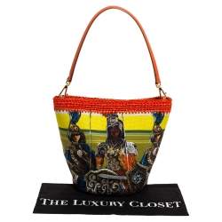 Dolce & Gabbana Multicolor Printed Canvas,Straw and Leather Hobo