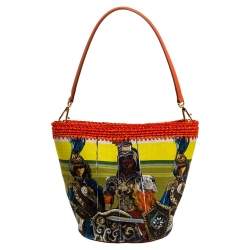 Dolce & Gabbana Multicolor Printed Canvas,Straw and Leather Hobo