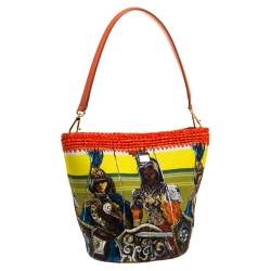 Dolce & Gabbana Multicolor Printed Canvas,Straw and Leather Hobo