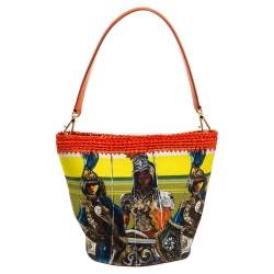 Dolce & Gabbana Multicolor Printed Canvas,Straw and Leather Hobo