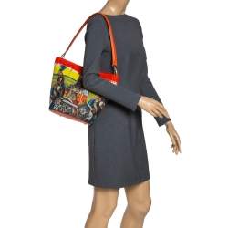 Dolce & Gabbana Multicolor Printed Canvas,Straw and Leather Hobo
