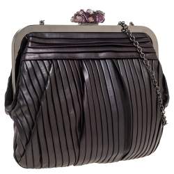 Pre Owned Dolce & Gabbana Black Pleated Leather Crystal Embellished Frame Chain Clutch