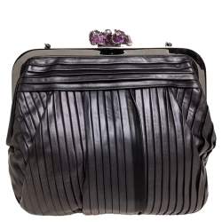 Pre Owned Dolce & Gabbana Black Pleated Leather Crystal Embellished Frame Chain Clutch