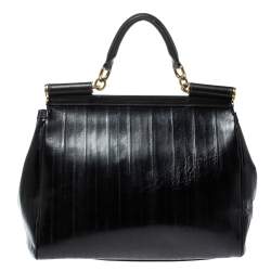 Pre Owned Dolce & Gabbana Black Striped Leather Large Miss Sicily Top Handle Bag