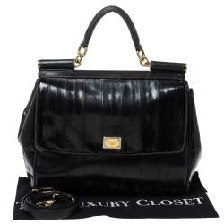 Pre Owned Dolce & Gabbana Black Striped Leather Large Miss Sicily Top Handle Bag