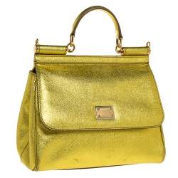 Pre Owned Dolce & Gabbana Metallic Lemon Leather Medium Miss Sicily Top Handle Bag