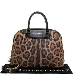 Pre Owned Dolce & Gabbana Black/Brown Leopard Print Coated Canvas and Leather Megan Dome Satchel
