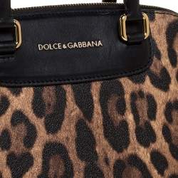 Pre Owned Dolce & Gabbana Black/Brown Leopard Print Coated Canvas and Leather Megan Dome Satchel