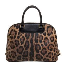 Pre Owned Dolce & Gabbana Black/Brown Leopard Print Coated Canvas and Leather Megan Dome Satchel
