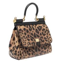 Pre Owned Dolce & Gabbana Black/Leopard Print Coated Canvas and Leather Small Miss Sicily Top Handle Bag