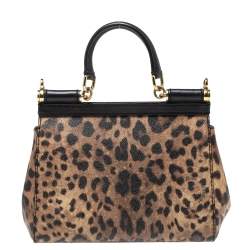 Pre Owned Dolce & Gabbana Black/Leopard Print Coated Canvas and Leather Small Miss Sicily Top Handle Bag