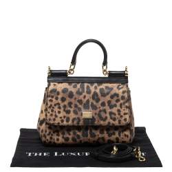 Pre Owned Dolce & Gabbana Black/Leopard Print Coated Canvas and Leather Small Miss Sicily Top Handle Bag