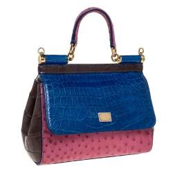 Pre Owned Dolce & Gabbana Multicolor Crocodile and Ostrich Small Miss Sicily Top Handle Bag