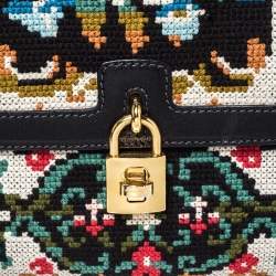 Pre Owned Dolce & Gabbana Black Cross Stitch Fabric and Leather Padlock Top Handle Bag