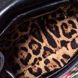 Pre Owned Dolce & Gabbana Black Cross Stitch Fabric and Leather Padlock Top Handle Bag