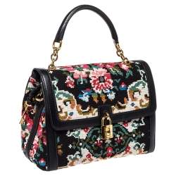 Pre Owned Dolce & Gabbana Black Cross Stitch Fabric and Leather Padlock Top Handle Bag