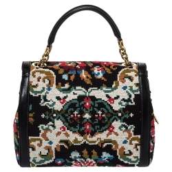 Pre Owned Dolce & Gabbana Black Cross Stitch Fabric and Leather Padlock Top Handle Bag
