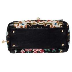 Pre Owned Dolce & Gabbana Black Cross Stitch Fabric and Leather Padlock Top Handle Bag
