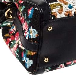 Pre Owned Dolce & Gabbana Black Cross Stitch Fabric and Leather Padlock Top Handle Bag