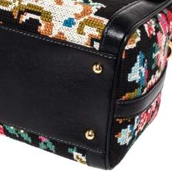 Pre Owned Dolce & Gabbana Black Cross Stitch Fabric and Leather Padlock Top Handle Bag