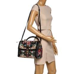 Pre Owned Dolce & Gabbana Black Cross Stitch Fabric and Leather Padlock Top Handle Bag