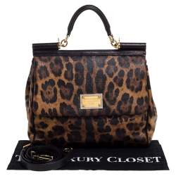 مملوكة مسبقًا Dolce & Gabbana Black/Brown Leopard Print Coated Canvas and Leather Large Miss Sicily Top Handle Bag
