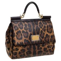 مملوكة مسبقًا Dolce & Gabbana Black/Brown Leopard Print Coated Canvas and Leather Large Miss Sicily Top Handle Bag