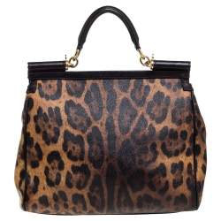 مملوكة مسبقًا Dolce & Gabbana Black/Brown Leopard Print Coated Canvas and Leather Large Miss Sicily Top Handle Bag
