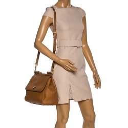 Dolce & Gabbana Tan Leather Large Miss Sicily Top Handle Bag