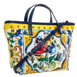Pre Owned Dolce & Gabbana Multicolor Majolica Print Canvas and Leather Embellished Tote