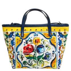 Pre Owned Dolce & Gabbana Multicolor Majolica Print Canvas and Leather Embellished Tote