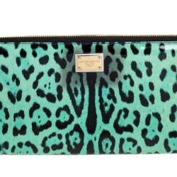 Pre Owned Dolce & Gabbana Green/Black Leopard Print Patent Leather Oversized Clutch