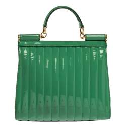 Pre Owned Dolce & Gabbana Green Stripe Patent Leather Medium Sicily Top Handle Bag