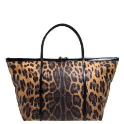 Pre Owned Dolce & Gabbana Black/Brown Leopard Print Coated Canvas and Patent Leather Miss Escape Tote