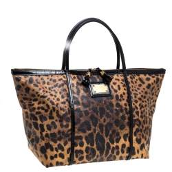 Pre Owned Dolce & Gabbana Black/Brown Leopard Print Coated Canvas and Patent Leather Miss Escape Tote