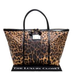 Pre Owned Dolce & Gabbana Black/Brown Leopard Print Coated Canvas and Patent Leather Miss Escape Tote