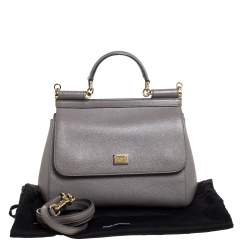 Pre Owned Dolce & Gabbana Grey Leather Medium Miss Sicily Top Handle Bag