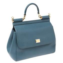 Pre Owned Dolce & Gabbana Blue Leather Medium Miss Sicily Top Handle Bag