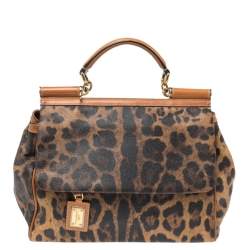 Dolce & Gabbana Brown Leopard Print Coated Canvas and Leather Large Miss Sicily Top Handle Bag
