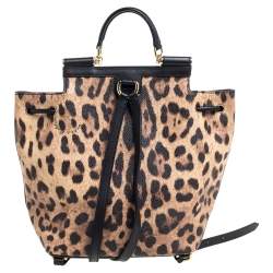 Dolce & Gabbana Black/Brown Leopard Print Coated Canvas and Leather Miss Sicily Backpack