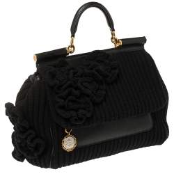 Pre Owned Dolce & Gabbana Black Wool and Leather Large Miss Sicily Top Handle Bag