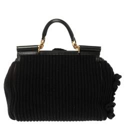 Pre Owned Dolce & Gabbana Black Wool and Leather Large Miss Sicily Top Handle Bag