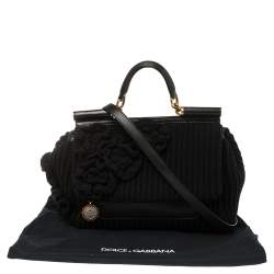 Pre Owned Dolce & Gabbana Black Wool and Leather Large Miss Sicily Top Handle Bag