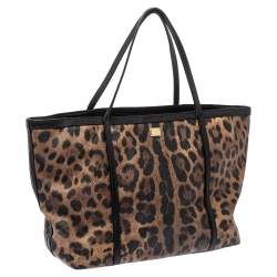 Pre Owned Dolce & Gabbana Black/Beige Leopard Print Coated Canvas and Leather Miss Escape Tote