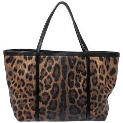 Pre Owned Dolce & Gabbana Black/Beige Leopard Print Coated Canvas and Leather Miss Escape Tote