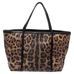 Pre Owned Dolce & Gabbana Black/Beige Leopard Print Coated Canvas and Leather Miss Escape Tote