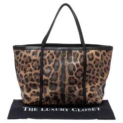 Pre Owned Dolce & Gabbana Black/Beige Leopard Print Coated Canvas and Leather Miss Escape Tote