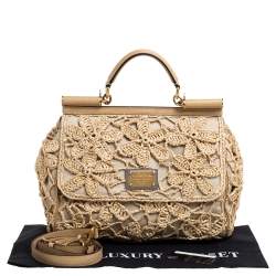 Pre Owned Dolce & Gabbana Beige Crochet Raffia, Fabric and Leather Large Miss Sicily Top Handle Bag 